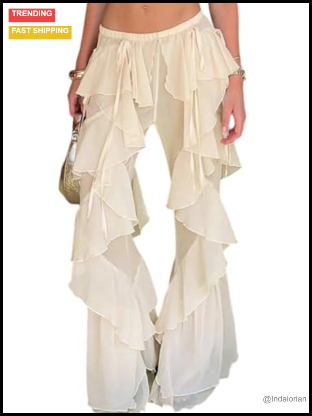 High Waisted Ruffle Flare Pants Sheer Chiffon Wide Leg Flowy Palazzo Trousers